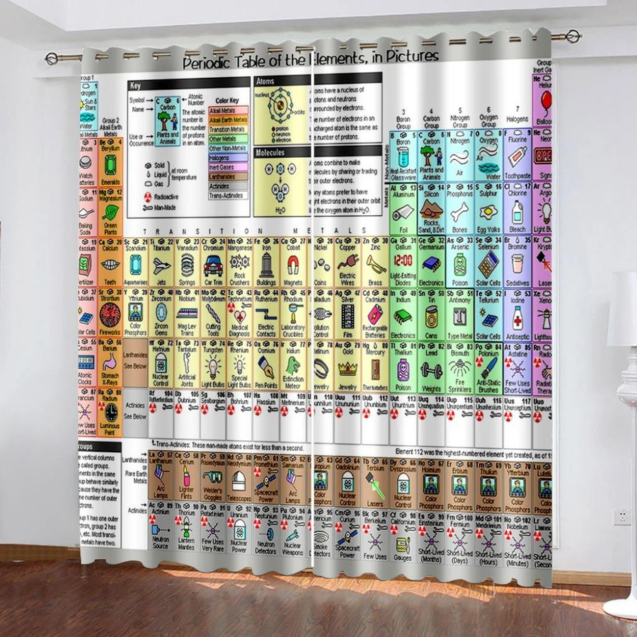 Yiran Furniture Vorhänge mit Periodensystem der Elemente, bunt, halbtransparent, 2er-Set, Breite: 50 cm, Höhe: 130 cm - Bild 1