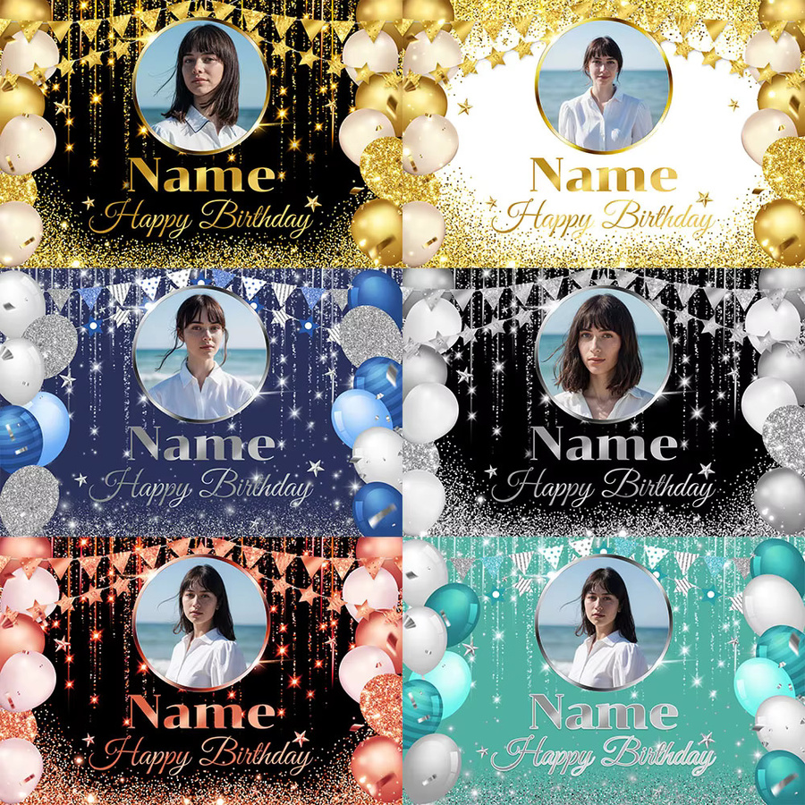 Personalisierter Foto-Namens-Geburtstags-Hintergrund von AEVYVKV in Schwarz und Gold mit Glitzerlichtern zur Wanddekoration für deine Party - Bild 2
