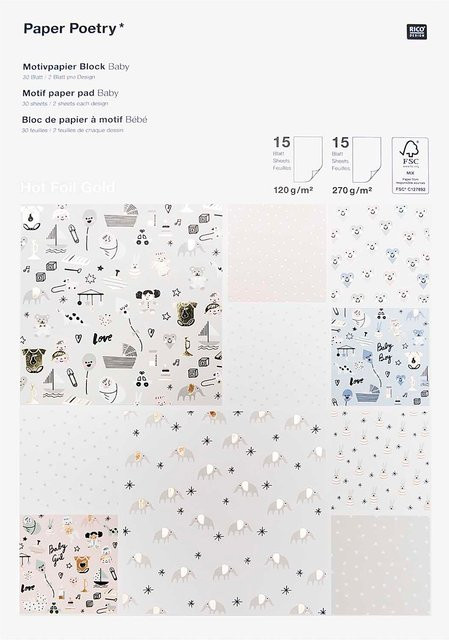Rico Design Paper Poetry Motivpapierblock Hello Baby mit 30 Blatt in Rosa, Hellblau, Puder und Grau - Bild 1