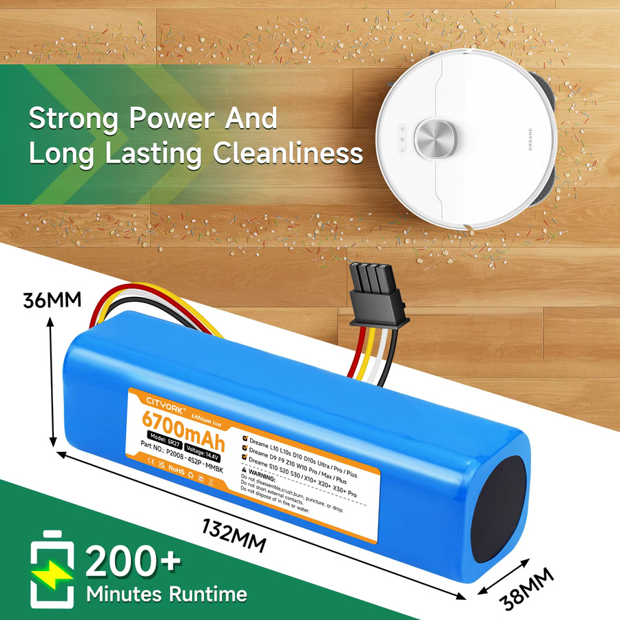 Dreame Ersatzakku 14,4 V 6700 mAh in Blau inklusive Zubehör für L10, L10s, D10, D10s Ultra, Pro, Plus, D9, F9, Z10, W10 Pro/Max Plus, S10, S20, S30 und X10 - Bild 2