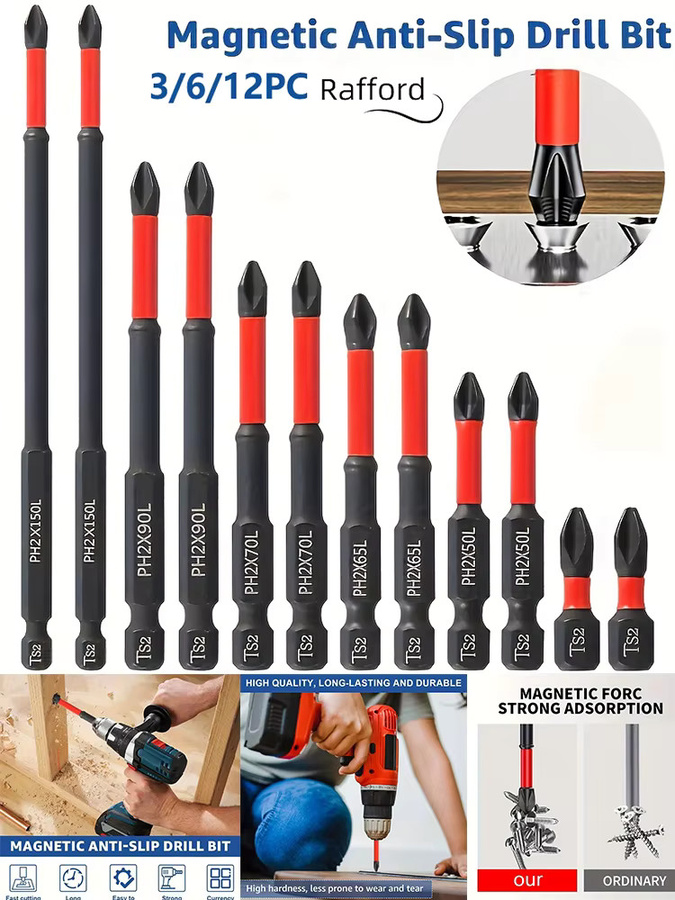 Rafford Magnetisches rutschfestes Bohrer-Set aus S2-Stahl, 3/6/12-teilig, Kreuzschlitz- und Schlagbohrer für Elektro- und Handschrauber - Bild 5