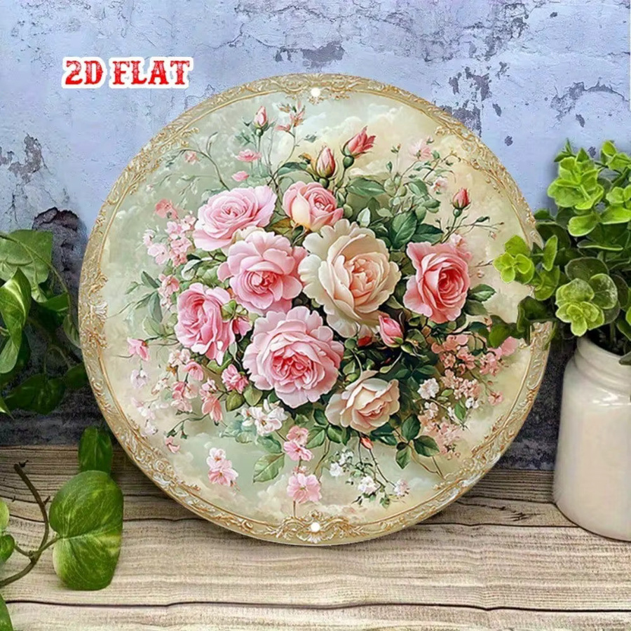 CIFBUY Vintage Rundes Metallschild mit rosa Rosen und Goldumrandung, Wandkunst mit floralem Design, Durchmesser: 20 cm - Bild 3