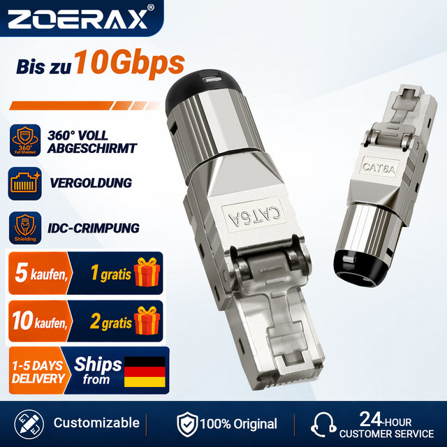 ZoeRax RJ45 Steckverbinder Silber, werkzeugloser modularer Ethernet LAN Stecker für Cat8 Cat7 Cat6A, 2000MHz 40G, passend für 22AWG-24AWG - Bild 1