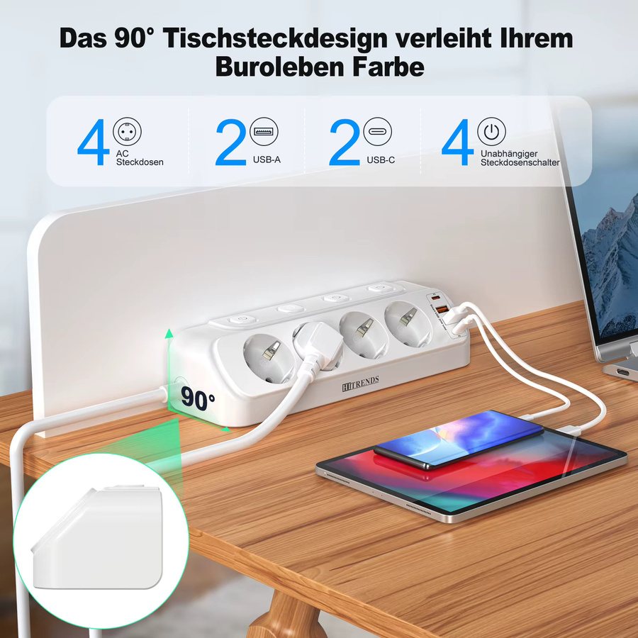 HITRENDS Multifunktions-Steckdosenleiste mit 2 USB-A und 2 USB-C Schnell-Ladeadaptern, 2 m Verlängerungskabel mit unabhängigen Schaltern, Weiß - Bild 2