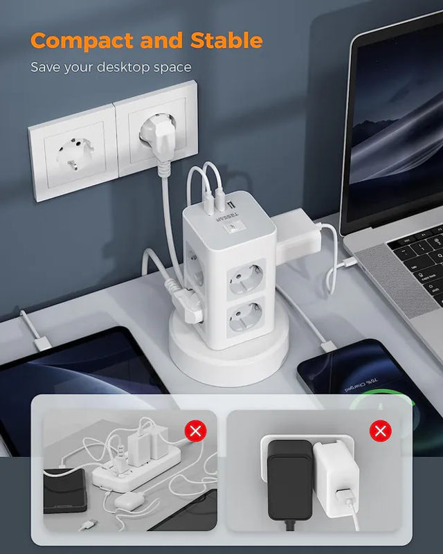TESSAN Tower 8-Wege-Steckdosenleiste mit Überspannungsschutz, vertikale Mehrfachsteckdose in Grau mit 2 m Kabel, 8 Steckplätze, 2 USB-A und 1 USB-C Anschlüssen - Bild 5