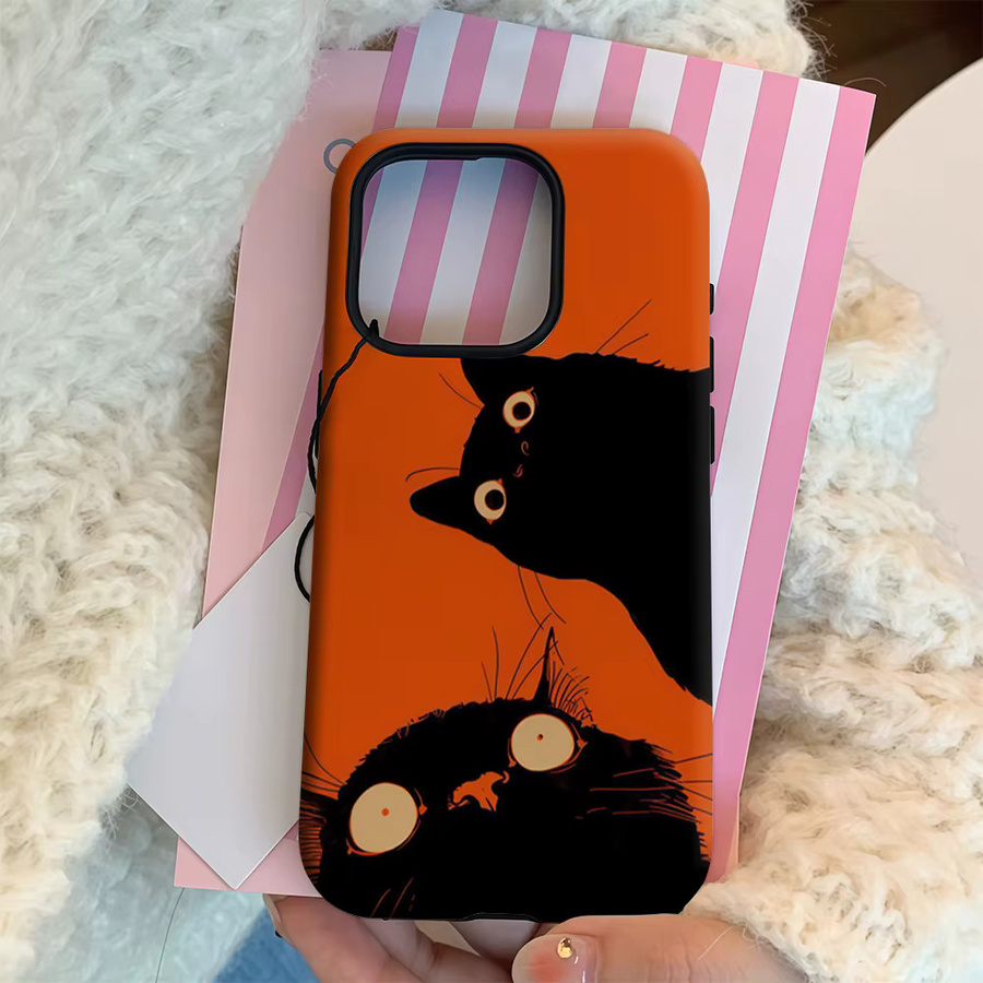 Potdemiel Handyhülle Wide-Eyed Black Cats für iPhone 17 16 15 14 13 12 Pro Max Plus mit doppelschichtiger Rückseite in Schwarz und Orange - Bild 4