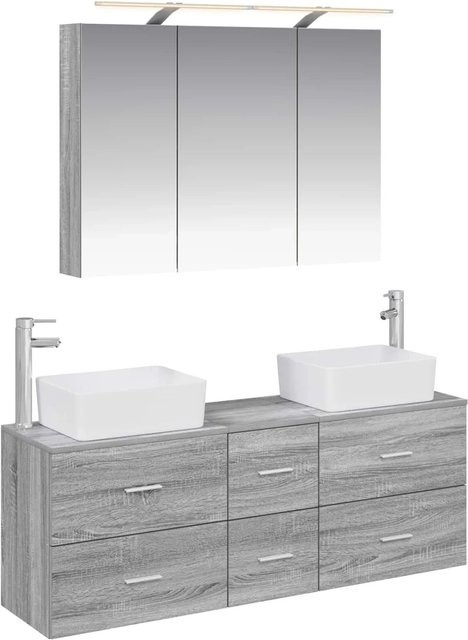 vidaXL Badezimmermöbel-Set 4-teilig in Grau, modern gestaltet aus Ingenieurholz und Glas mit LED-Beleuchtung und Spiegelschrank - Bild 1