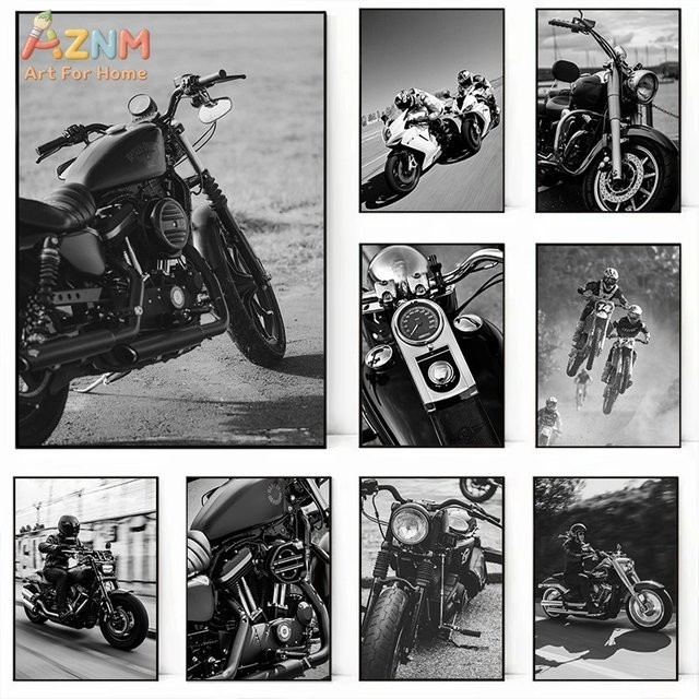 Rastar Vintage Motorrad Leinwand-Wandkunst Schwarz-Weiß, Retro Biker Kunstwerk für Garage und Zuhause, Ungerahmt - Bild 1
