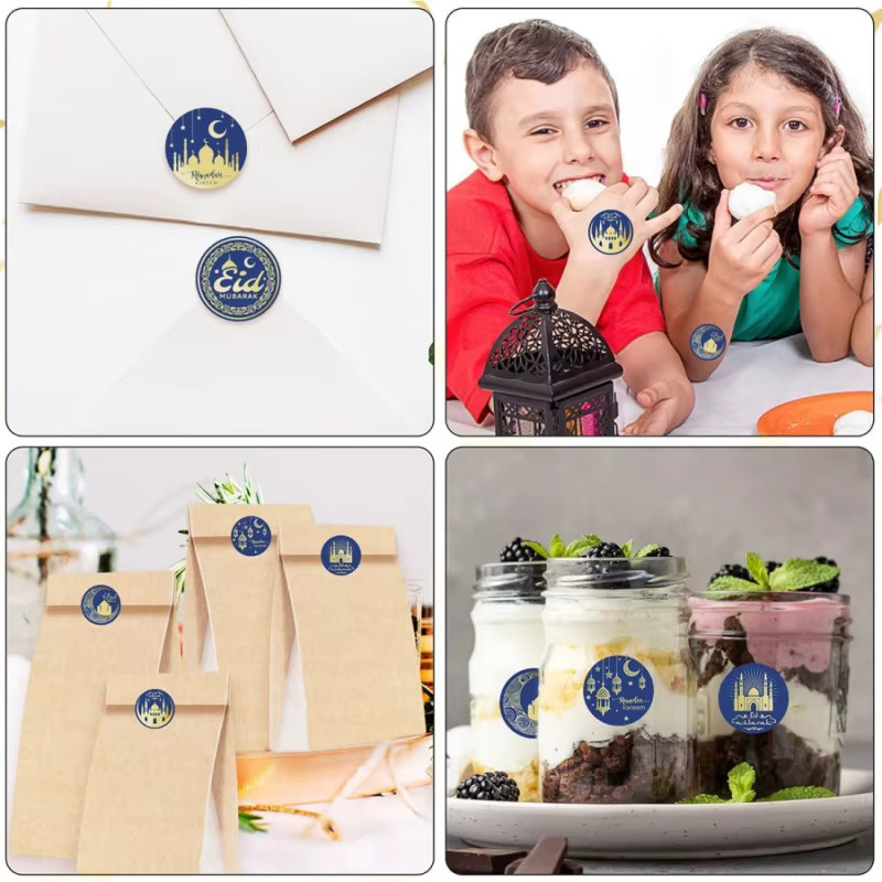 500 Stück Arabische Eid Aufkleber mit Mond und Öllampe in Blau für Ramadan Geschenkumschläge - Bild 2