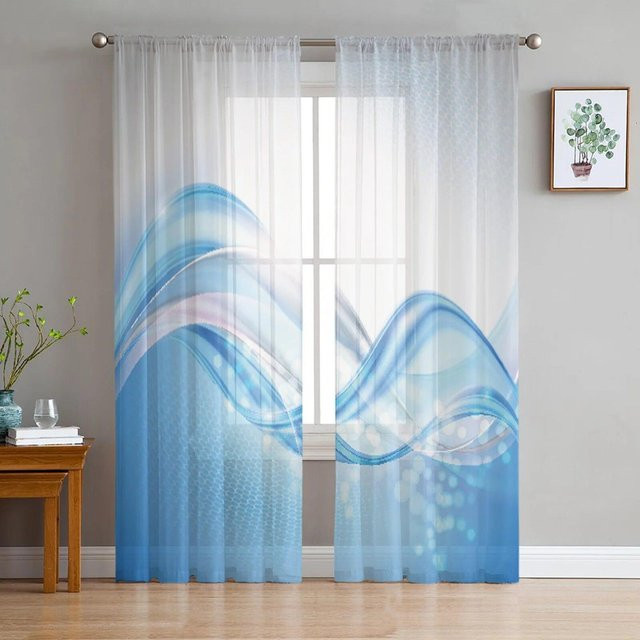 A Family Of Home Textiles Transparenter Tüllvorhang Ripple Blue Curved Art in Weiß und Blau, B: 135 cm, H: 114 cm - Bild 1