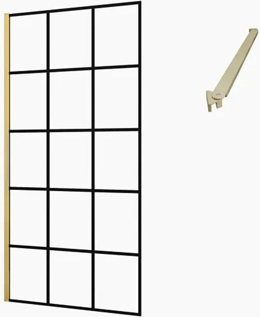 Duschparadies Walk-in Duschwand mit Gittermuster in Gold, Glas transparent, B: 90 cm, H: 200 cm, 8mm Nano Glas mit 50cm Stabilisierungsstange - Bild 1
