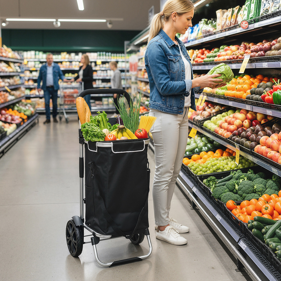 HOMCOM 3-in-1 Einkaufstrolley klappbar mit 40L Kapazität und Kühlfach, Treppensteiger und Sackkarre, Schwarz - Bild 2