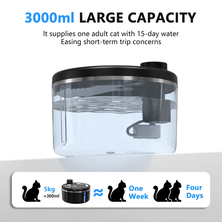 LABEKA Kabelloser Katzenwasserbrunnen in Schwarz mit Edelstahlwanne, 3L Fassungsvermögen, geräuscharmer Haustier-Wasserspender mit intelligenter Sensorik und 4000mAh Akku - Bild 5
