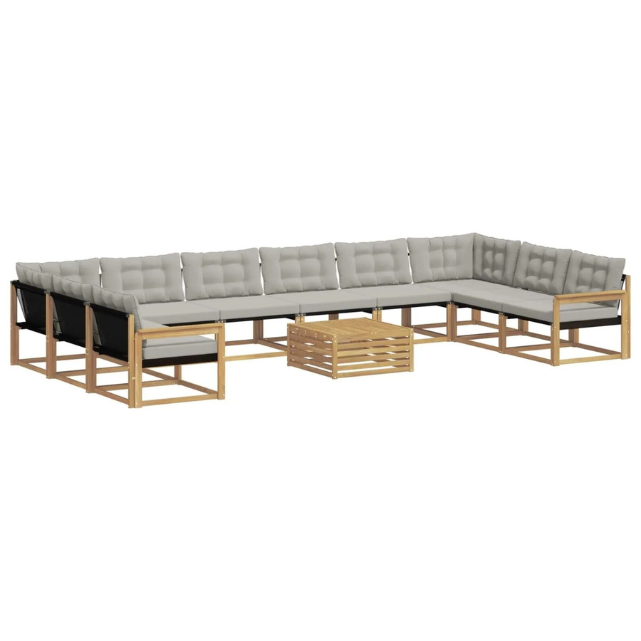 vidaXL Outdoor-Sofagarnitur 11-tlg. in U-Form aus Akazienholz mit Textilene und Kissen, Weiß-Hellgrau - Bild 2