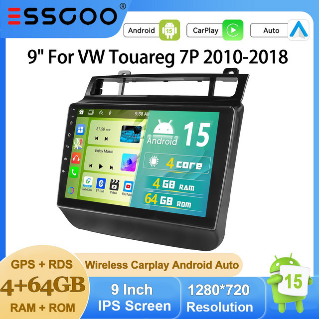 ESSGOO Android 15 Autoradio mit 9 Zoll IPS Touchscreen für VW Touareg 7P 2010-2018 in Schwarz mit drahtlosem CarPlay, GPS Navigation, Bluetooth, WiFi und USB - Bild 1