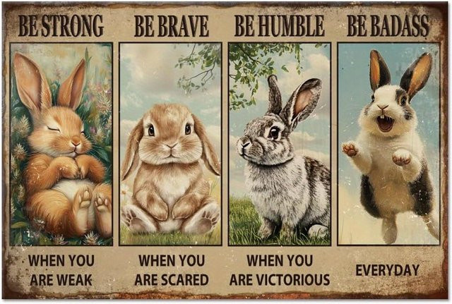 GLOBLELAND Metallblechschild Lustiges Kaninchen mit Motivationszitaten Be Strong Brave Humble in Weiss und Mehrfarbig, B/H: 20 x 20 cm - Bild 1