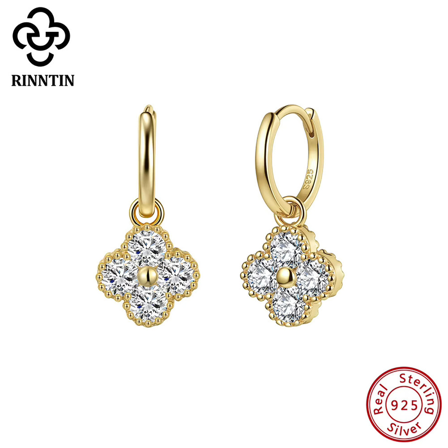 Rinntin Ohrhänger 925 Silber, Moissanit, Diamant, Kleeblatt-Blumen - Bild 2