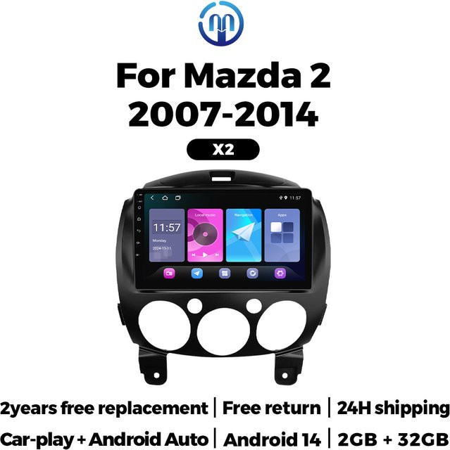 NaviFly Android Autoradio für Mazda 2 (2007-2014) mit Wireless Carplay, GPS und Bluetooth in Schwarz - Bild 1