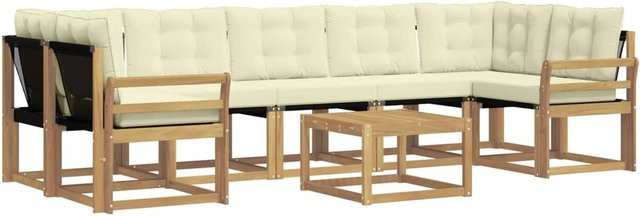 vidaXL Outdoor-Sofagarnitur 8-teilig in L-Form aus Akazienholz mit Kissen und Couchtisch in Weiß und Beige - Bild 1