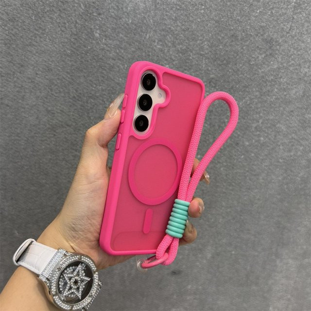Stoßfeste Lanyard Handyhülle mit magnetischem Ladecase für Samsung Galaxy S26 S25 S24 S23 S22 in Schwarz und Pink - Bild 1