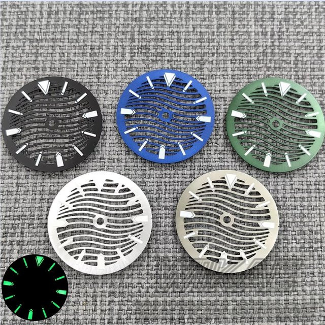 Uhrenteile Zifferblatt Skelettwellendesign, 29 mm, Schwarz Silber Blau Grün, C3 Leuchtend - Bild 1