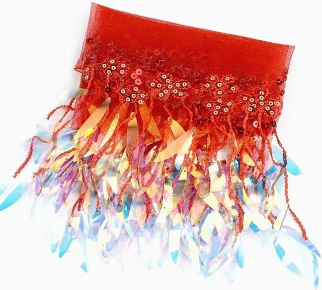 Roter Netzbesatz mit Quasten, Fransen und Pailletten aus Spitze als DIY Nähzubehör für Bühnenoutfits und Hochzeitskleidung - Bild 1