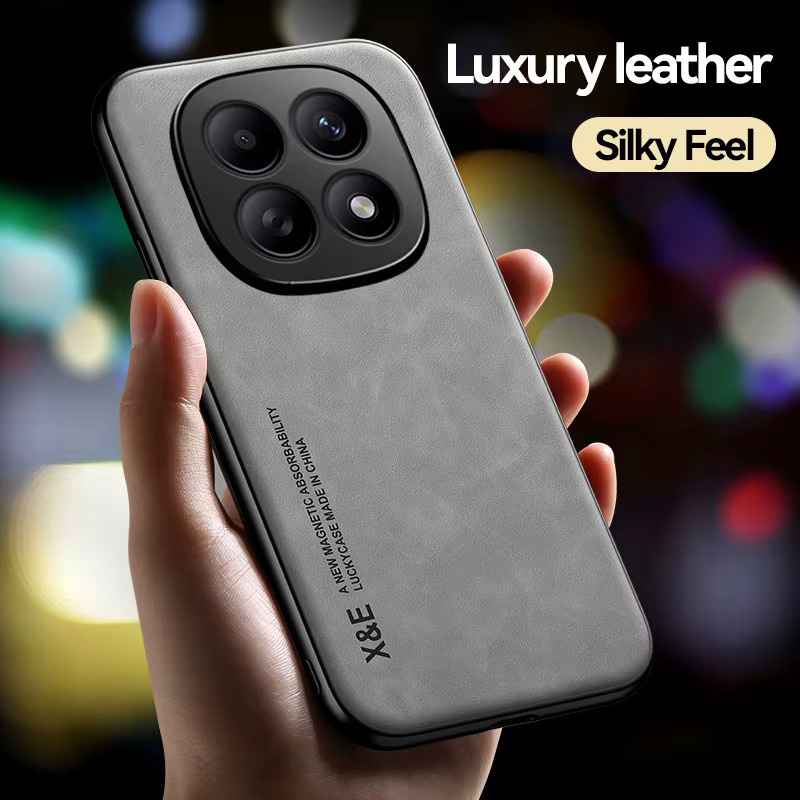 Luxus Ledertasche für Redmi Note 15 14 13 Pro Plus mit Metallplatte für Auto-Halterung in Grau - Bild 3
