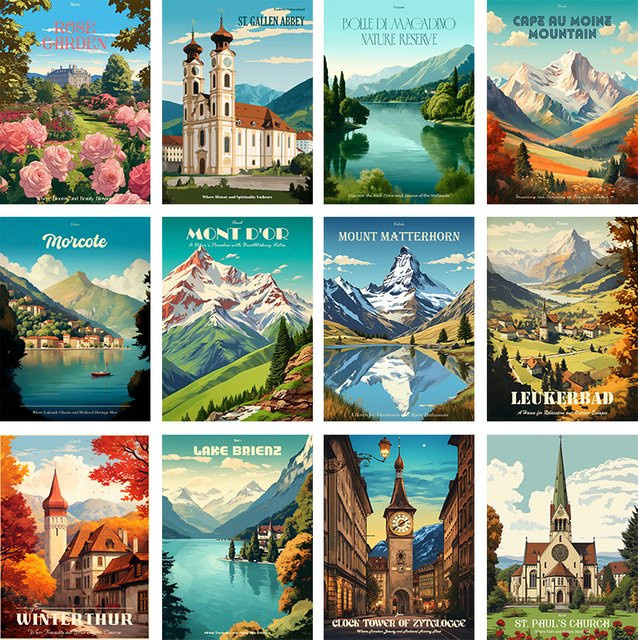 Vintage Leinwandmalerei Cape Au Moine Berg Bern Stadt Poster als mehrfarbiger Kunstdruck für dein Wohnzimmer - Bild 1