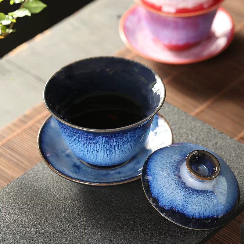 Keramik Teetasse in Blau mit gebürstetem Design - Bild 3