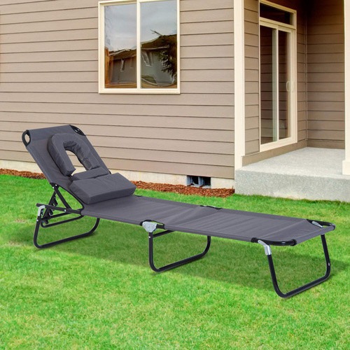 Outsunny Gartenliege aus Stahlrohr und Oxford-Stoff in Grau mit verstellbarer Kopfstütze, B: 56 cm, H: 28 cm, L: 190 cm - Bild 3