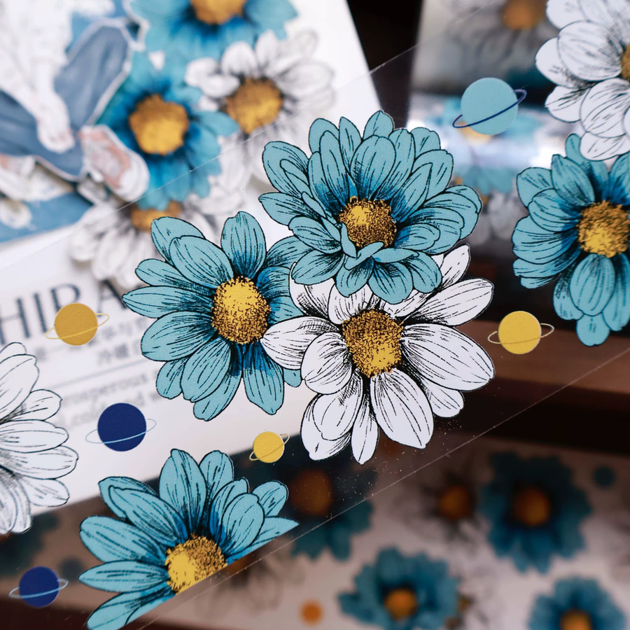 VanGogh Garden Washi Tape mit blauem Chrysanthemen-Blumenmuster und PET-Aufklebern - Bild 2