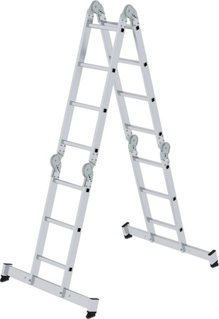 PROREGAL Vielzweckleiter 4-teilig mit Traverse und Holzbelag in Silber, 2 x 3 & 2 x 4 Sprossen