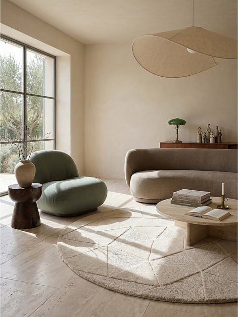 Wollteppich Kadima Design in Natur Beige mit Hoch-Tief-Effekt und geometrischem Muster, Durchmesser: 160 cm - Bild 1