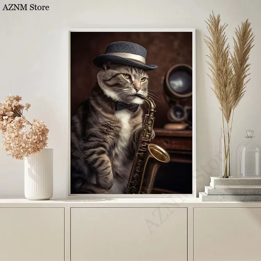 Potdemiel Katze Porträt Leinwand Wandkunst Gentleman Musiker Motiv in Mehrfarbig - Bild 2