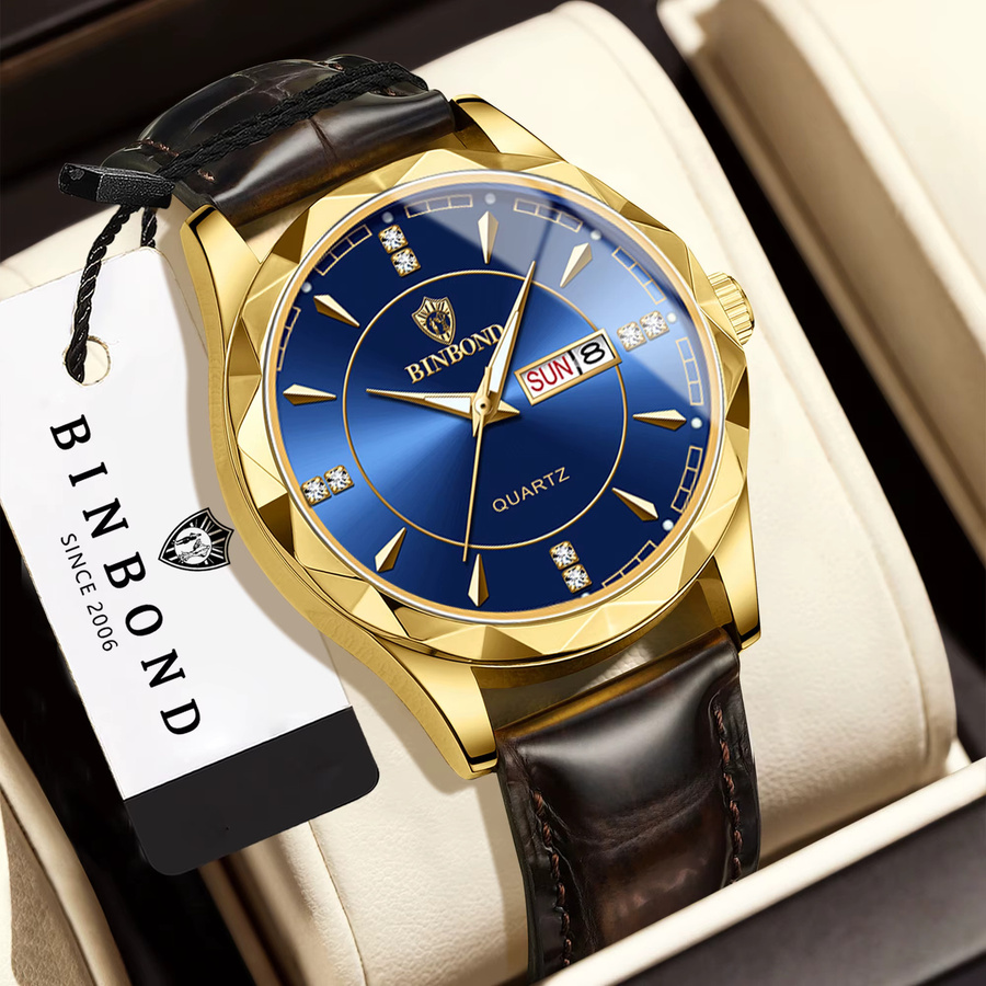 BINBOND Armbanduhr Quarz, Leder, Blau, Gold, Herren - Bild 2