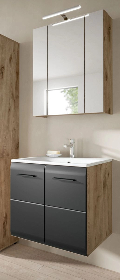 Badmöbel Set Cover von Inn.Furn in Schwarz und Eiche, 2-teilig, mit Waschtischunterschrank und Spiegelschrank mit LED-Beleuchtung, Breite: 60 cm - Bild 1