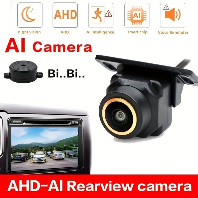 QueenDer AI Smart Car Kamera in Schwarz mit AHD 1080P Weitwinkel-Fischaugenobjektiv, Hinderniswarnung und Blindspot-Erkennung - Bild 1