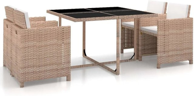 vidaXL 5-tlg Garten-Essgruppe aus Poly Rattan in Beige mit Glasplatte und Auflagen - Bild 1