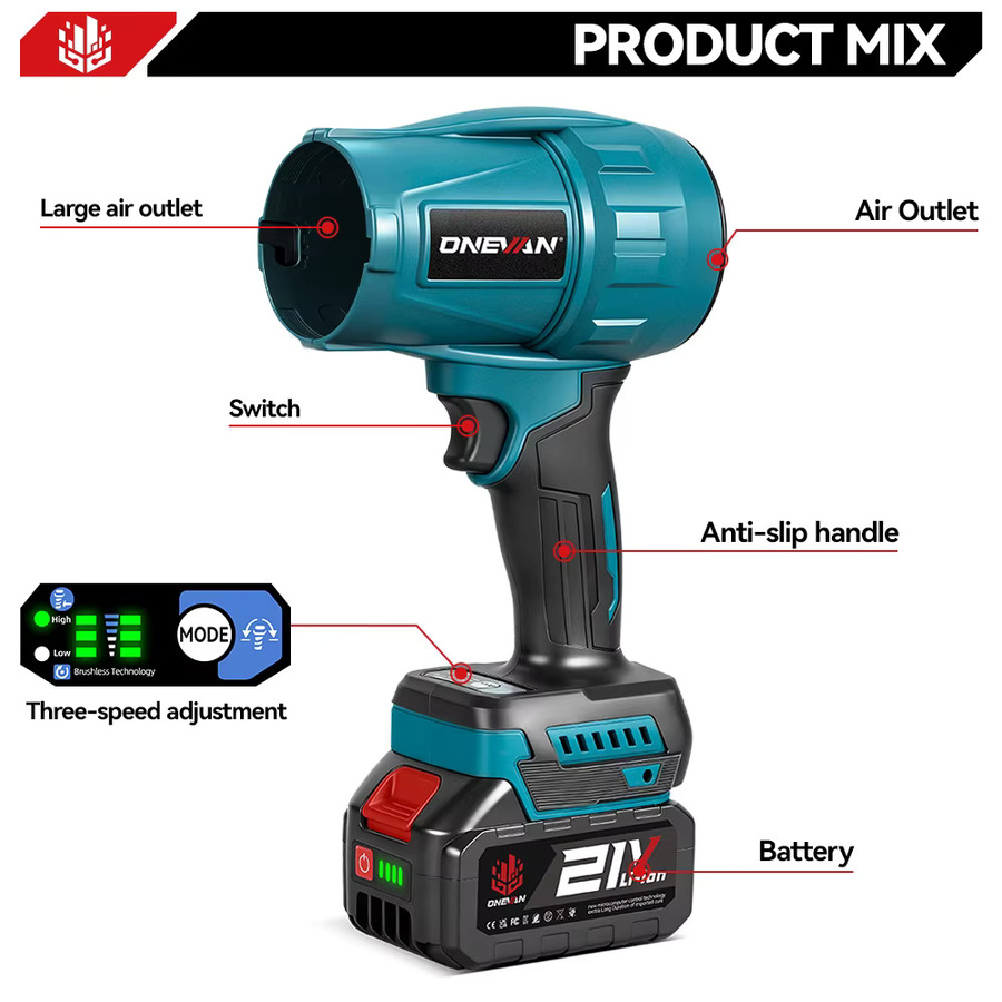 ONEVAN Bürstenloses elektrisches Turbo Gebläse Jet Fan 3500 W mit 300000 RPM für Makita 18 V Akku, Blau - Bild 3