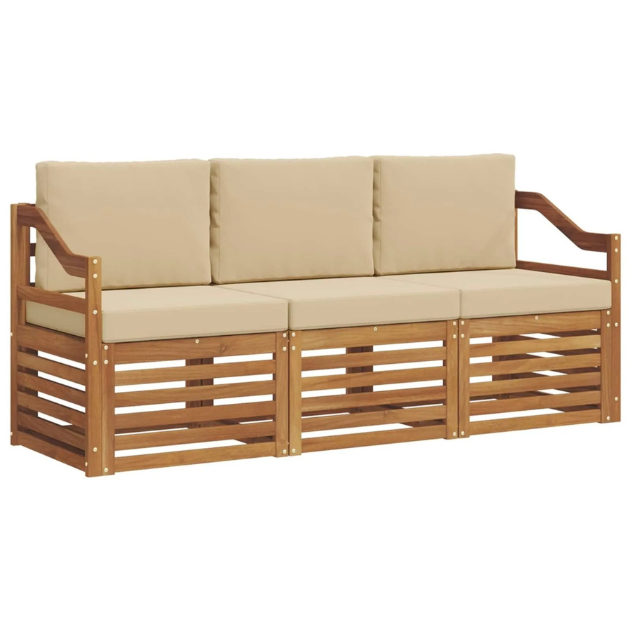 vidaXL Sofagarnitur aus Massivholz Akazie in Natur und Beige, 3-teiliges modernes Set mit Sitz- und Rückenkissen im Latten-Design - Bild 2