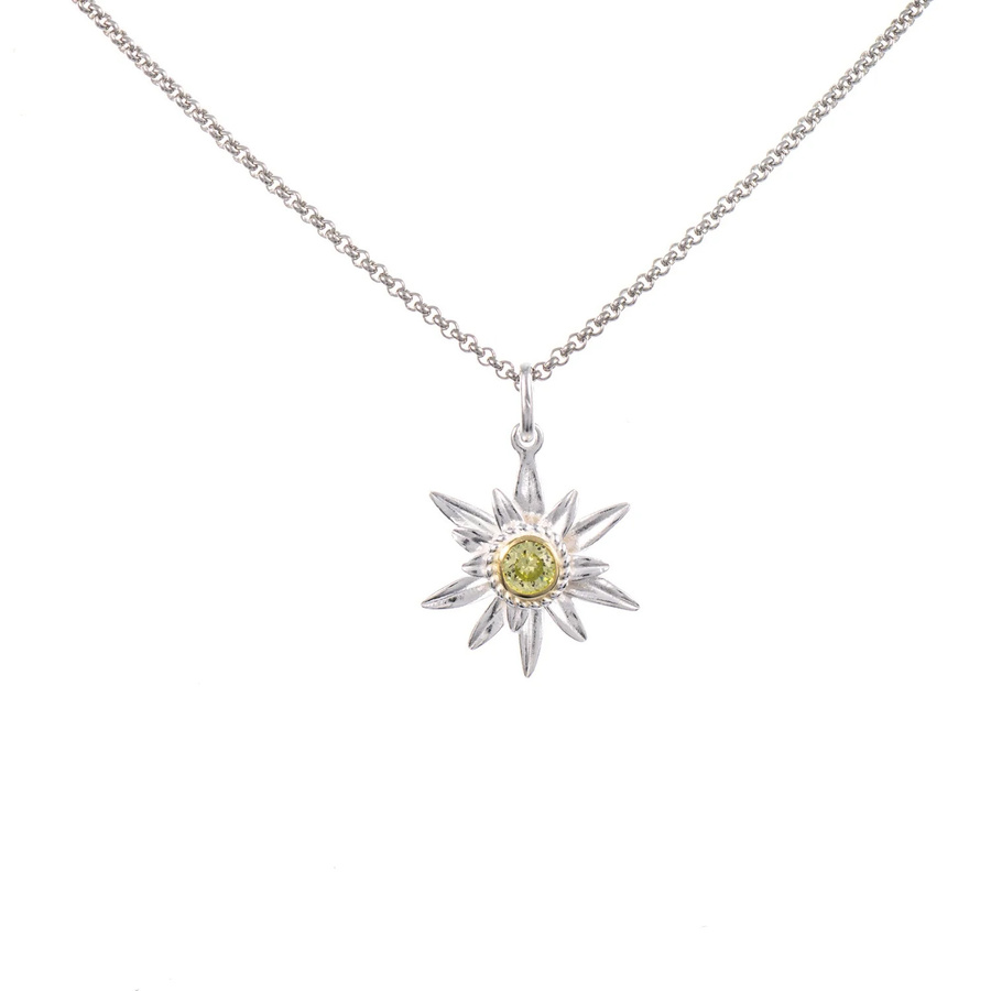 Anhänger Edelweiss mit Kette, 925 Silber, teilvergoldet, Zirkonia, hellgrün - Bild 1