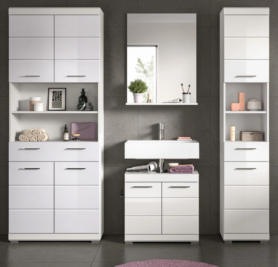 Inn.Furn Badmöbel Set Shawn 4-teilig in Weiß Hochglanz mit Waschtischunterschrank, Spiegelschrank und Hochschrank - Bild 3
