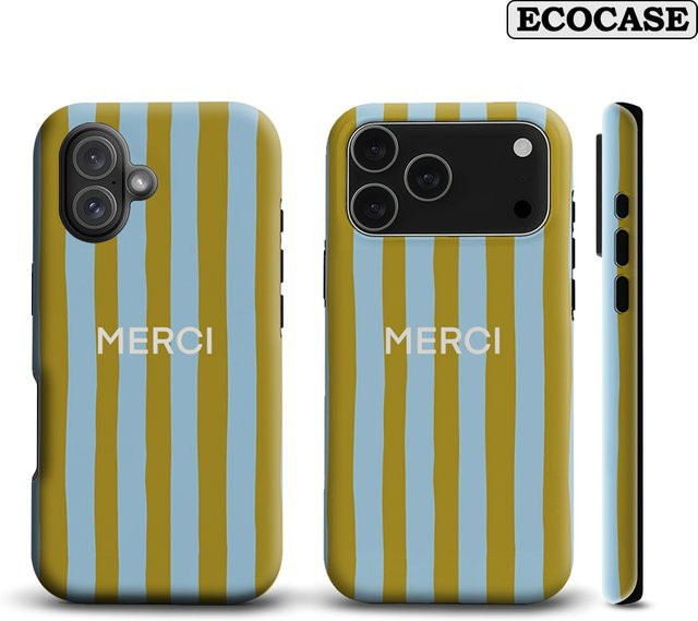 Merci Blue Stripes Handyhülle für iPhone 17 16 15 14 13 12 11 Pro Max Plus mit doppelschichtiger Rückseite in Blau und Multicolour - Bild 1