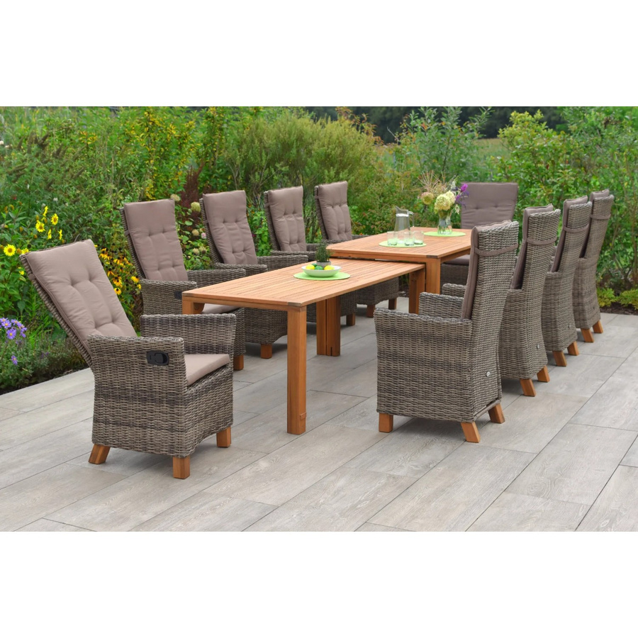 Merxx Gartenmöbelset Toskana 11-teilig mit ausziehbarem Tisch und 10 Sesseln aus Akazienholz und Kunststoffgeflecht in Beige und Braun - Bild 2