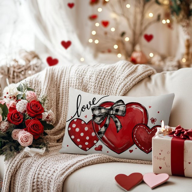 VIKAMA Kissenbezug mit rotem Herz für Valentinstag und Landhaus-Dekoration, Rot/Weiß, 30 x 30 x 30 cm - Bild 1