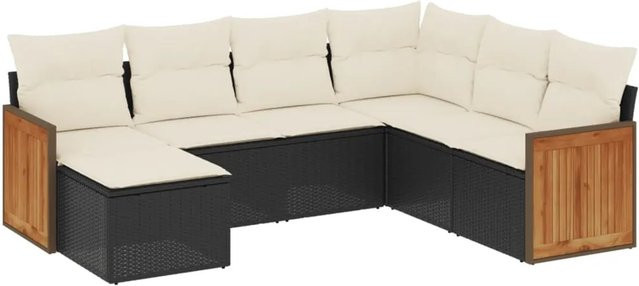 vidaXL 7-teilige Garten-Sofagarnitur aus Poly-Rattan und Akazienholz in Schwarz mit Kissen - Bild 1