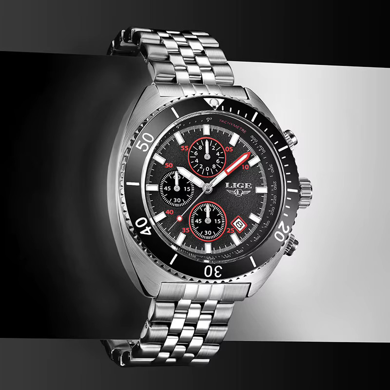 LIGE Armbanduhr Edelstahl, Quarz, Schwarz, Silber, Herren - Bild 4