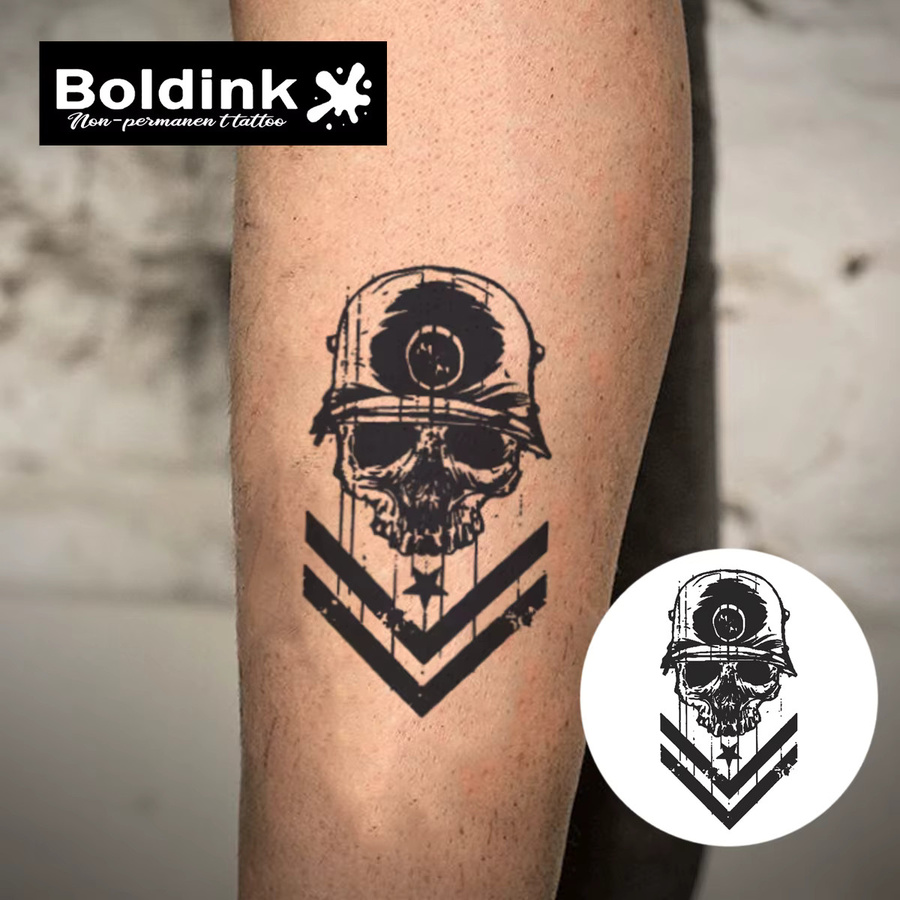Boldink Temporäres Tattoo Totenkopf mit Helm, wasserfest, semi-permanent - Bild 2