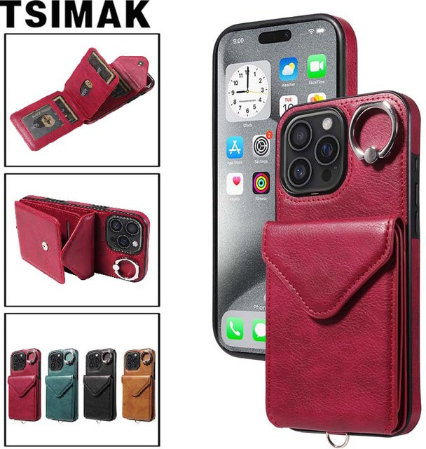 Lange Lanyard Ledertasche mit Kartenfächern für iPhone Modelle in Schwarz und Rot - Bild 1