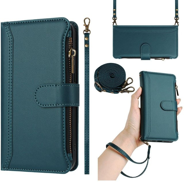 Leder Wallet Klapphülle für Samsung Galaxy S26 S25 S24 S23 S22 S21 S20 Ultra Plus FE Edge S10 S9 S8 S7 Edge mit Crossbody-Gurt und Handgelenkschlaufe in Dunkelgrün - Bild 1